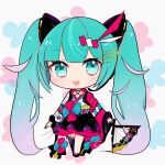  blue_eyes blue_hair chibi dress folding_fan full_body gradient_hair hair_ornament hairclip hand_fan hatsune_miku japanese_clothes long_hair long_sleeves magical_mirai_(vocaloid) magical_mirai_miku magical_mirai_miku_(2020_summer) multicolored_hair obi open_mouth purple_hair sandals sash single_thighhigh smile sorami thighhighs very_long_hair vocaloid wide_sleeves 