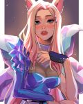  1girl ahri_(league_of_legends) animal_ears asymmetrical_sleeves bangs black_gloves blonde_hair border breasts cleavage facial_mark fox_ears fox_tail gloves gradient gradient_background hair_ornament hand_up hele_bun highres k/da_(league_of_legends) k/da_ahri large_breasts league_of_legends long_hair long_sleeves mismatched_sleeves multiple_tails official_alternate_costume parted_bangs parted_lips red_lips shiny_hair solo tail teeth upper_body whisker_markings white_border 