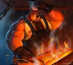  absurd_res anthro apron bear beard blacksmith bodily_fluids body_hair chest_hair clothing facial_hair gloves handwear hi_res humanoid male mammal muscular_arms nipple_piercing nipples orc overweight overweight_anthro overweight_male piercing shibadoodles solo sweat teeth 