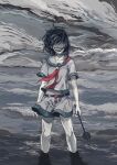  1girl black_hair cloud cloudy_sky collarbone covered_face faceless grey_shirt grey_skirt highres holding holding_weapon murasa_minamitsu ocean red_sailor_collar sailor_collar shirt short_hair short_sleeves skirt sky solo touhou ue_toono_(atano) wading water waves weapon 