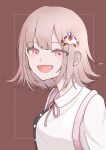  1girl :d backpack bag black_shirt brown_background collared_shirt danganronpa_(series) danganronpa_2:_goodbye_despair dress_shirt flipped_hair galaga hair_ornament highres looking_at_viewer mame_taro medium_hair nanami_chiaki neck_ribbon no_jacket open_mouth oversized_object pink_bag pink_eyes pink_ribbon ribbon shirt smile solo upper_body white_shirt 