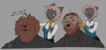 2024 anthro barber beard biped black_body black_fur blonde_hair blue_eyes brown_beard brown_body brown_eyes brown_fur canid canine canis clothing dallas_(matchattea) digital_media_(artwork) domestic_cat domestic_dog duo english_text facial_hair felid feline felis female fur gloves grey_background hair hair_over_eyes handwear male mammal matchattea monotone_background multicolored_body multicolored_fur open_mouth open_smile personal_grooming simple_background smile text whiskers white_body white_fur