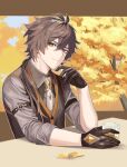  1boy black_gloves brown_hair closed_mouth collared_shirt cup earrings genshin_impact gloves grey_shirt hair_between_eyes hair_over_shoulder highres holding holding_cup jewelry leaf long_hair looking_at_viewer male_focus multicolored_hair necktie orange_eyes shirt single_earring sleeves_rolled_up solo togatamaki tree vest white_necktie zhongli_(genshin_impact) 