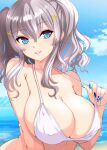  1girl bikini blue_eyes blue_sky breasts cloud day grey_hair hair_ornament highres kantai_collection kashima_(kancolle) large_breasts long_hair looking_at_viewer nail_polish nitamako_(sakamalh) outdoors sky smile solo swimsuit twintails wavy_hair white_bikini x_hair_ornament 