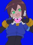  1girl absurdres aile_(mega_man_zx) black_bodysuit blue_background bodysuit bodysuit_under_clothes brown_hair buzzlyears cropped_jacket glowing glowing_eyes green_eyes heart heart_hands highres looking_at_viewer mega_man_(series) mega_man_zx open_mouth robot_ears short_hair simple_background smile solo upper_body 