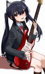  1girl absurdres animal_ears black_hair black_jacket brown_eyes brown_socks cat_ears collared_shirt electric_guitar from_side guitar highres holding holding_instrument holding_plectrum instrument jacket k-on! kemonomimi_mode looking_at_viewer looking_to_the_side nakano_azusa neck_ribbon plectrum red_ribbon ribbon shirt simple_background sitting smile socks solo twintails vergil_mon white_background white_shirt wing_collar 
