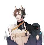  arknights blush chaojiuri chong_yue_(arknights) doctor_(arknights) dragon_boy dragon_horns highres horns looking_ahead motion_lines multicolored_hair pointy_ears red_eyes removing_coat shirt sleeveless sleeveless_shirt white_background white_shirt 