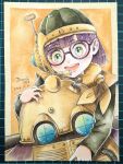  1boy 1girl chrono_trigger dated glasses green_eyes helmet jhon_jhon lucca_ashtear open_mouth purple_hair robo_(chrono_trigger) robot round_eyewear scarf short_hair smile traditional_media 