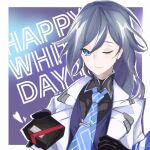  1girl black_gloves black_shirt blue_eyes blue_hair blue_necktie blue_shirt border box closed_mouth english_text fu_hua fu_hua_(night_squire) gift gift_box gloves grey_hair h3_hk hair_between_eyes hand_up happy_white_day heart highres holding holding_gift honkai_(series) honkai_impact_3rd jacket long_hair long_sleeves low-tied_long_hair low_ponytail necktie one_eye_closed open_clothes open_jacket ponytail print_necktie purple_background red_ribbon ribbon shirt smile solo suit white_border white_jacket white_suit 