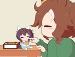  2girls :t animal_ears blue_hair blue_shorts blush_stickers brown_hair cheek_poking chibi closed_eyes closed_mouth daitaku_helios_(umamusume) eating food gomashio_(goma_feet) green_shirt grey_background hair_between_eyes hair_ornament hairclip holding holding_food horse_ears horse_girl horse_tail mejiro_palmer_(umamusume) mini_person minigirl multicolored_hair multiple_girls no_shoes parted_bangs poking ponytail raglan_sleeves shirt shorts side_ponytail simple_background sitting socks star_(symbol) star_hair_ornament streaked_hair tail translation_request umamusume wavy_mouth white_hair white_shirt white_socks 