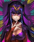  1girl abstract breasts cleavage colorful fire_emblem fire_emblem_awakening grin hand_on_own_chest highres long_hair looking_at_viewer purple_eyes purple_hair red_eyeliner saiykik sidelocks skin_tight smile tharja_(fire_emblem) two_side_up 