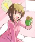  1girl alarm_clock bed brown_eyes brown_hair clock d: hirotaka_(hrtk990203) holding looking_at_object mako_(rhythm_tengoku) messy_hair on_bed open_mouth pajamas pink_pajamas rhythm_tengoku rhythm_tengoku_the_best+ short_hair sitting source_request surprised sweat sweatdrop waking_up window 