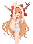  1girl :d arm_up armpits bangs barefoot blunt_bangs bow hair_bow highres holding_leg horn_ornament horn_ribbon horns ibuki_suika long_hair looking_at_viewer midriff navel oeyama oni_horns open_mouth orange_eyes orange_hair red_bow ribbon simple_background smile solo split standing standing_on_one_leg standing_split teeth touhou upper_teeth_only very_long_hair white_background 