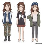  1girl :&lt; absurdres artist_name bandaid bandaid_on_leg baseball_cap belt black_belt brown_eyes brown_hair camisole camouflage camouflage_headwear camouflage_pants commentary english_commentary flip-flops freckles frown green_hoodie grey_shirt hair_over_shoulder hat hat_on_back highres hitsuji_(hitsujigoods) hood hoodie jacket kara_eklund key medium_hair miniskirt multicolored_clothes multicolored_jacket off_shoulder original pants pleated_skirt ponytail sandals shirt skirt sleeves_past_fingers sleeves_past_wrists t-shirt two-tone_jacket white_camisole 