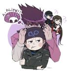  1girl 3boys ? ?? @_@ alien animal_ear_headwear animal_ears artist_name asymmetrical_sleeves baseball_cap beanie black_eyes black_hat black_jacket black_sailor_collar black_shirt black_sleeves blanko! blue_hair blue_shirt blunt_bangs blush_stickers bow bowtie brown_hair buttons cat_ears cigarette closed_mouth coat coat_partially_removed collared_jacket collared_shirt confused covered_mouth cropped_torso crossed_arms danganronpa_(series) danganronpa_v3:_killing_harmony english_text eyelashes fake_animal_ears fingernails frown grey_jacket grey_sleeves hair_between_eyes hair_ornament hair_scrunchie half-closed_eyes hand_on_own_chin hands_on_another&#039;s_head harukawa_maki hat high_collar highres holding holding_cigarette hoshi_ryoma imagining jacket layered_sleeves leather leather_jacket long_hair long_sleeves looking_at_another looking_to_the_side low_twintails mismatched_sleeves momota_kaito mouth_hold multiple_boys nervous_sweating parted_lips pink_coat pink_sleeves purple_eyes purple_hair red_scarf red_shirt red_sleeves saihara_shuichi sailor_collar sailor_shirt scarf scrunchie shaded_face shirt short_hair simple_background sleeves_past_elbows spiked_hair striped_clothes striped_shirt sweat sweatdrop teeth thinking twintails two-tone_shirt very_long_hair white_background white_bow white_bowtie zipper 