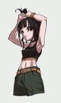  1girl armpits arms_up bare_shoulders belt black_hair black_tank_top blue_eyes breasts choker crop_top cropped_legs from_below from_side gaako_illust green_pants highres looking_at_viewer midriff original pants parted_lips short_hair sideways_glance simple_background sleeveless solo tank_top toned tying_hair white_background wristband 