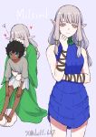  1boy 1girl aged_down arm_strap bare_shoulders barefoot black_hair blue_dress blue_eyes blush character_name child closed_mouth covered_face dark-skinned_male dark_skin dress dungeon_meshi elf frown green_dress grey_background grey_eyes grey_hair grey_shirt hair_over_shoulder hc1l_627 heart highres hug hug_from_behind invisible_chair kabru long_hair long_sleeves looking_at_viewer low-tied_sidelocks milsiril_(dungeon_meshi) multiple_scars multiple_views pointy_ears scar scar_on_arm shirt shoe_soles short_hair sitting sleeveless sleeveless_dress smelling_hair 