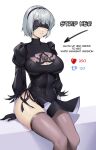  1girl black_blindfold black_gloves black_hair black_hairband blindfold bob_cut breasts cleavage cleavage_cutout clothing_cutout damodar dress english_commentary english_text feather-trimmed_sleeves gloves hairband juliet_sleeves large_breasts like_and_retweet long_sleeves meme mole mole_under_mouth nier_(series) nier_automata parted_lips puffy_sleeves short_dress short_hair side_slit sitting skindentation solo taut_clothes taut_dress thighhighs thighs twitter_strip_game_(meme) white_hair yorha_no._2_type_b 