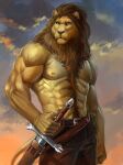 2024 5_fingers abs anthro barbarian belt body_hair bottomwear brown_mane brown_nose clothed clothing felid fingers fur happy_trail hi_res humanoid_hands lion male mammal mane melee_weapon muscular muscular_anthro muscular_male nightarm nipples pantherine pants pecs scabbard solo sword tan_body tan_fur topless topless_anthro topless_male weapon