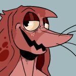  1:1 ambiguous_gender anthro blue_background bust_portrait glistening glistening_eyes imperatorcaesar low_res narrowed_eyes open_mouth portrait red_body simple_background solo species_request three-quarter_view whiskers 