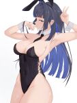  1girl alternate_costume animal_ears arm_up armpits bangs between_breasts black_hair black_hairband black_leotard black_necktie blue_eyes blue_hair blunt_bangs breasts chyraliss colored_inner_hair covered_navel detached_collar fake_animal_ears hair_intakes hairband hand_to_own_mouth hand_up highleg highleg_leotard highres hololive hololive_english large_breasts leotard long_hair looking_at_viewer looking_to_the_side multicolored_hair necktie necktie_between_breasts official_alternate_hair_length official_alternate_hairstyle ouro_kronii purple_nails rabbit_ears side-tie_leotard sideboob simple_background solo thighs two-tone_hair v virtual_youtuber white_background wide_hips wrist_cuffs 