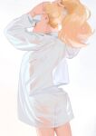  1girl adjusting_hair blonde_hair closed_eyes from_behind high_ponytail highres kn_rookie long_hair original pointy_ears ponytail see-through see-through_shirt shirt simple_background solo standing white_background white_shirt 
