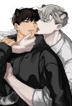  2boys animal_ears black_hair black_hoodie cat_ears cat_tail collared_shirt fang fang_out highres hood hoodie ilay_riegrow jeong_taeui licking licking_another&#039;s_cheek licking_another&#039;s_face looking_at_another male_focus multiple_boys nnn_0x0 passion_(manhwa) sharp_teeth shirt short_hair simple_background sweatdrop tail teeth veins white_background white_hair white_shirt yaoi 