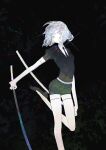  1other androgynous belt black_background black_footwear black_necktie bob_cut commentary crystal_hair diamond_(houseki_no_kuni) foot_out_of_frame foot_up gem_uniform_(houseki_no_kuni) glint grey_eyes grey_hair head_tilt holding holding_sheath holding_sword holding_weapon houseki_no_kuni krusier looking_at_viewer necktie other_focus puffy_short_sleeves puffy_sleeves sheath shoes short_hair short_sleeves solo standing standing_on_one_leg sword thighhighs unsheathed weapon white_thighhighs 