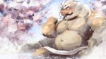 2024 anthro bathing belly blush brown_body detailed_background hachirouta hi_res humanoid_hands kemono male mammal musclegut muscular navel overweight overweight_male sitting solo suid suina sus_(pig) tattoo towel water wild_boar