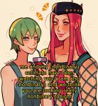  1boy 1girl absurdres artist_name blue_overalls commentary cup disposable_cup drinking drinking_straw english_commentary english_text fishnet_top fishnets foo_fighters_(jojo) green_eyes green_hair highres horned_hat huyandere jojo_no_kimyou_na_bouken long_hair narciso_anasui overalls pink_eyes pink_hair short_hair signature smile smug stone_ocean 