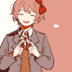  1girl :d bangs blush bow brown_vest closed_eyes doki_doki_literature_club facing_viewer grey_jacket hair_bow heart highres index_fingers_together jacket kiri_(2htkz) neck_ribbon open_clothes open_jacket pink_background red_bow red_ribbon ribbon sayori_(doki_doki_literature_club) smile solo teeth upper_teeth_only vest white_background 