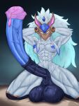 absurd_res animal_genitalia animal_penis anthro balls big_penis bodily_fluids equine_genitalia equine_penis feelingfun feral genitals herm hi_res huge_penis intersex kindred_(lol) lamb_(lol) league_of_legends muscular muscular_intersex penis riot_games saggy_balls solo solo_focus sweat