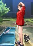  1girl baseball_cap black_hair black_shorts brown_hat bush from_side grass hat highres long_hair looking_to_the_side mmmo3 original outdoors red_shirt sandals shirt short_shorts shorts standing sweatdrop toes water 