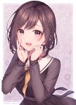  1girl braid brown_eyes brown_hair dress hands_on_own_face hands_up hinata_mizuiro long_sleeves looking_at_viewer open_mouth project_sekai shinonome_ena short_hair smile solo 