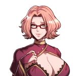  1girl alternate_hair_length alternate_hairstyle blue_eyes breasts bridal_gauntlets commission cornelia_arnim fire_emblem fire_emblem:_three_houses glasses gzei highres huge_breasts large_breasts lipstick makeup mole pink_hair pink_lips red-framed_eyewear second-party_source 