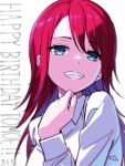  1girl absurdres bang_dream! blue_eyes blue_hair clenched_teeth collared_shirt commentary dated dress_shirt english_commentary happy_birthday highres long_hair long_sleeves looking_at_viewer mixed-language_commentary nobusawa_osamu red_hair shirt sidelocks solo teeth udagawa_tomoe upper_body white_background white_shirt 