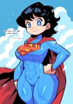  1girl absurdres black_hair blue_background blue_bodysuit blue_eyes blush_stickers bodysuit breasts cape closed_mouth cloud dc_comics hand_on_hip highres large_breasts looking_at_viewer rariatto_(ganguri) red_cape short_hair smile solo superman_(series) superwoman 