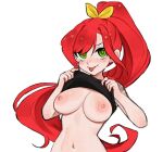  1girl :p black_shirt breasts clothes_lift commentary elly_(vtuber) green_eyes high_ponytail highres indie_virtual_youtuber large_breasts long_hair looking_at_viewer navel nipples porl red_hair shirt shirt_lift simple_background solo tongue tongue_out upper_body virtual_youtuber white_background 