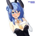  1girl animal_ears black_leotard blue_eyes blue_hair blush breasts detached_collar double_bun elbow_gloves fake_animal_ears gloves hair_bun kantai_collection large_breasts leotard looking_at_viewer m.a.o medium_hair necktie open_mouth playboy_bunny rabbit_ears solo strapless strapless_leotard twitter_username upper_body urakaze_(kancolle) white_background white_gloves yellow_necktie 