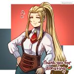 1girl ascot blonde_hair closed_mouth fire_emblem fire_emblem_engage gzei hair_slicked_back high_ponytail highres jade_(fire_emblem) leather long_sleeves red_ascot thank_you upper_body white_hair yellow_eyes 
