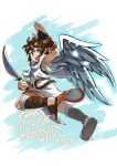  1boy absurdres angel angel_wings blue_eyes bow_(weapon) brown_hair full_body highres holding holding_bow_(weapon) holding_weapon kid_icarus kid_icarus_uprising knerr male_focus pit_(kid_icarus) scarf signature smile solo vambraces weapon white_scarf wings 