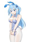  1girl animal_ears bare_shoulders blue_eyes blue_hair blush breasts cleavage detached_collar fake_animal_ears goddess_of_victory:_nikke hair_ornament highres korean_commentary long_hair looking_down oung69 pantyhose parted_lips playboy_bunny rabbit_ears rabbit_tail shifty_(nikke) simple_background sleeves_past_wrists solo tail two_side_up white_background white_pantyhose 