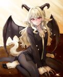  1girl animal_ears barefoot black_horns black_jacket black_pants black_suit black_vest black_wings blonde_hair blush body_fur brown_background chibinekopan closed_mouth collared_shirt commentary_request demon_girl demon_horns demon_wings glint goat_ears goat_tail gradient_background hair_between_eyes hair_intakes highres hooves horns jacket kemonomimi_mode knees_out_of_frame long_hair looking_at_viewer loose_necktie necktie nose_blush official_alternate_costume open_clothes open_jacket pant_suit pants partially_unbuttoned red_eyes saijou_claudine shirt shoujo_kageki_revue_starlight sidelocks sitting solo suit sunlight sweatdrop torn_clothes torn_necktie torn_shirt v-shaped_eyebrows v_arms vest wariza wavy_hair wavy_mouth white_necktie white_shirt wings 
