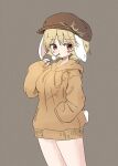  1girl animal_ears arinu bare_legs blonde_hair bottomless breasts brown_hat commentary_request cowboy_shot dango eating flat_cap floppy_ears food grey_background hand_in_pocket hat highres hood hood_down hoodie looking_at_viewer medium_breasts orange_eyes orange_hoodie rabbit_ears ringo_(touhou) short_hair simple_background solo touhou upper_body wagashi 