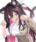  1girl @_@ ai_(u_e_o_o) animal_ear_fluff animal_ears azki_(4th_costume)_(hololive) azki_(hololive) black_hair blush breasts cat_ears cat_girl cat_tail colored_inner_hair dress fang hair_between_eyes hair_intakes hair_ornament hairclip hands_up highres hololive large_breasts long_hair looking_at_viewer multicolored_hair official_alternate_costume open_mouth pink_hair purple_eyes simple_background skin_fang smile solo streaked_hair tail upper_body virtual_youtuber white_background white_dress white_hair 