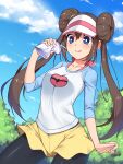  1girl :q absurdres black_pantyhose blue_eyes breasts bright_pupils brown_hair closed_mouth cloud collarbone commentary_request commission day drinking_straw hand_up highres holding kokuyouseki long_hair looking_down outdoors pantyhose pokemon pokemon_bw2 raglan_sleeves rosa_(pokemon) shirt short_shorts shorts skeb_commission sky sleeves_past_elbows smile solo tongue tongue_out twintails visor_cap white_pupils yellow_shorts 