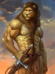 2024 5_fingers abs anthro balls barbarian belt body_hair brown_mane brown_nose felid fingers fur genitals happy_trail hi_res humanoid_hands lion male mammal mane melee_weapon mostly_nude muscular muscular_anthro muscular_male nightarm nipples nude pantherine pecs penis pubes scabbard solo sword tan_body tan_fur weapon