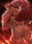  1boy alternate_costume ass back_tattoo bara bellsaltr black_background feet_out_of_frame fire fundoshi granblue_fantasy highres huge_ass japanese_clothes light_particles long_hair male_focus manly mature_male multicolored_hair muscular muscular_male official_alternate_costume ponytail red_hair simple_background solo spiked_hair sweat sweatdrop tan tattoo thick_arms thick_thighs thighs white_hair wilnas_(apron_of_ardor)_(granblue_fantasy) wilnas_(granblue_fantasy) yellow_eyes 