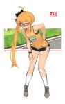  1girl absurdres black_bow black_shorts blonde_hair bow breasts full_body glasses hair_bow highres original shoes short_shorts shorts side_ponytail small_breasts socks solo tank_top track_and_field track_uniform watch white_background wristwatch xerbatt yellow_eyes yellow_tank_top 