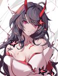  1girl absurdres acheron_(honkai:_star_rail) ahoge arms_under_breasts bare_shoulders black_hair blood blood_from_eyes breasts cleavage collarbone flower head_tilt highres honkai:_star_rail honkai_(series) horns japanese_clothes kimono large_breasts long_hair looking_at_viewer markings neck off_shoulder parted_lips red_eyes red_flower red_horns red_tattoo red_trim solo sparks_summer upper_body white_background white_kimono 